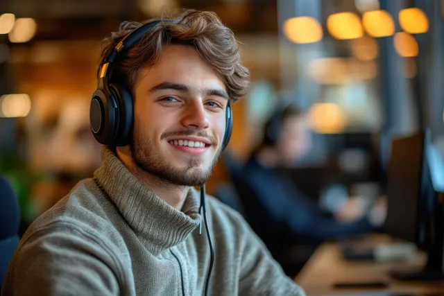 A customer service agent in a headset speaks in a modern open-office call center with blurred coworkers behind.
