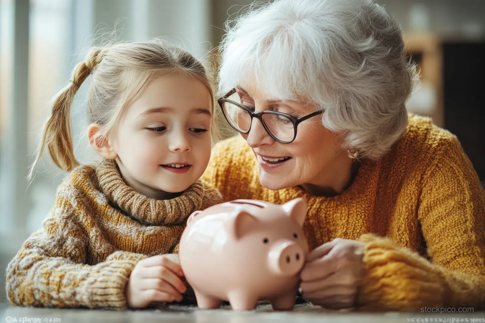 A grandmother and granddaughter put coins into a piggy bank at home.