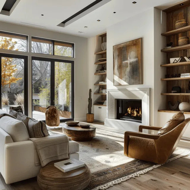 Daylit modern living room with a lit fireplace, grey sofa, leather armchair, and built-in wooden shelving.