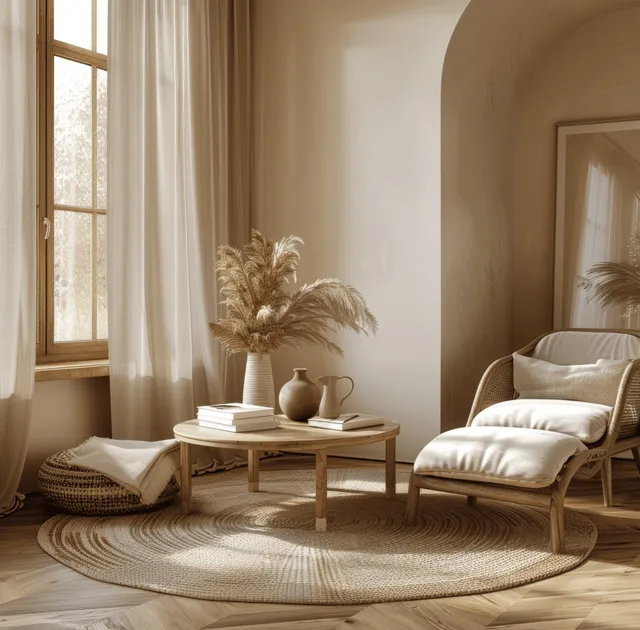 Side table with books and vases in a Japandi living room, lit by warm daylight from a large window.