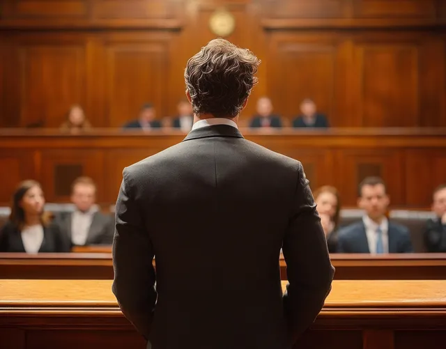 A suited man stands at the defense table facing the judge and jury in a wood-paneled courtroom.