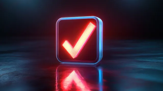 Neon glowing checkmark in a certification-style checkbox icon on a dark reflective background.