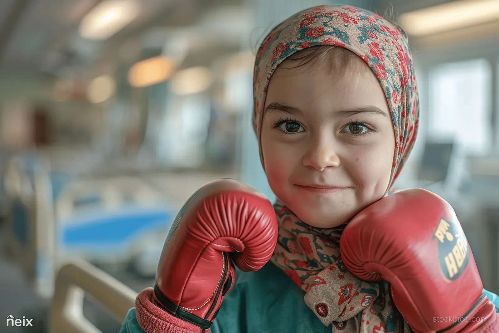 A little girl in a hospital wears red boxing gloves and a patterned headscarf, smiling bravely.