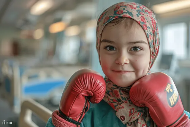 A little girl in a hospital wears red boxing gloves and a patterned headscarf, smiling bravely.