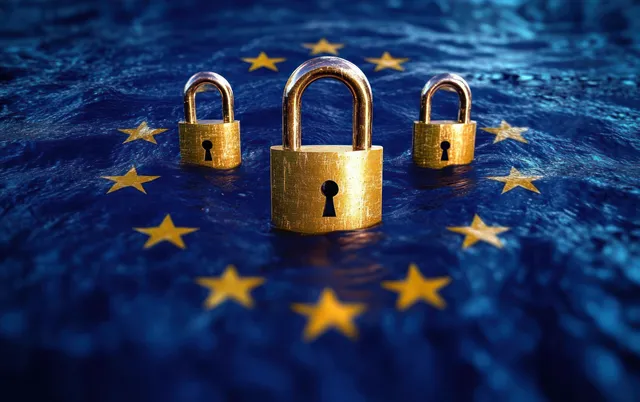 Three golden padlocks arranged on a blue star-patterned surface in a circular security symbol.