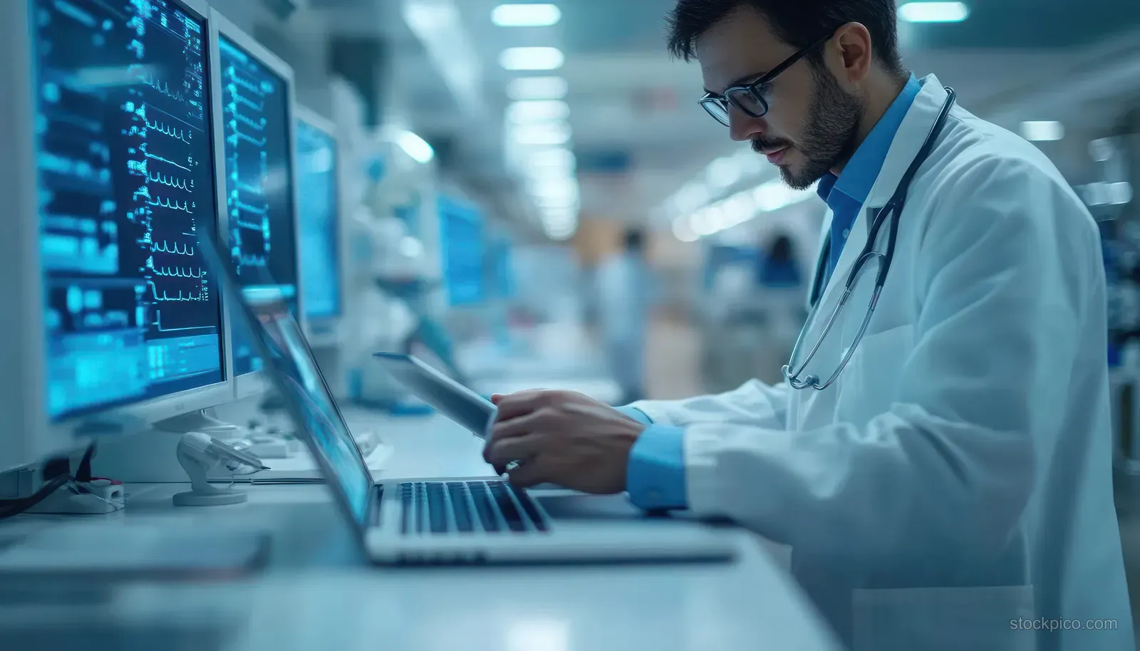 A doctor types on a hospital workstation while a secure electronic patient records interface glows on the screen.