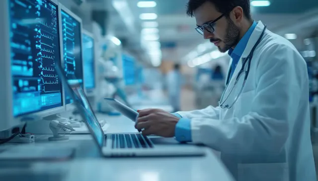 A doctor types on a hospital workstation while a secure electronic patient records interface glows on the screen.