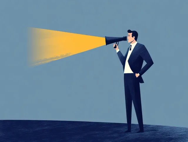 Businessman in a suit holding a megaphone projects a bright yellow light beam on a blue background.
