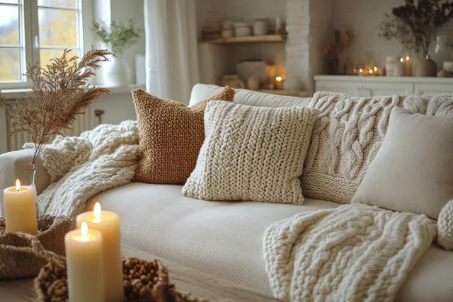 Neutral-toned sofa with knit blankets, glowing candles on a table, and a wreath backdrop in a cozy living room.