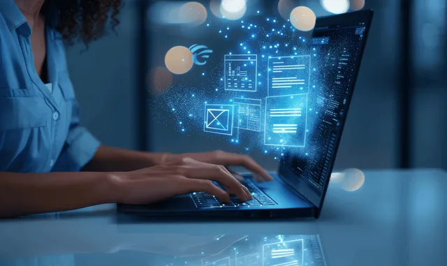 Businesswoman types on a laptop while a glowing virtual interface shows document management icons and floating screens.