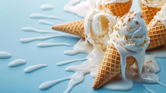 Vanilla ice cream in waffle cones melting and spilling creamy drips across a light blue surface.