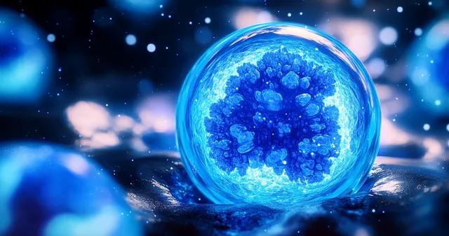 Glowing blue micro sphere cell-like structure suspended in dark field of particles