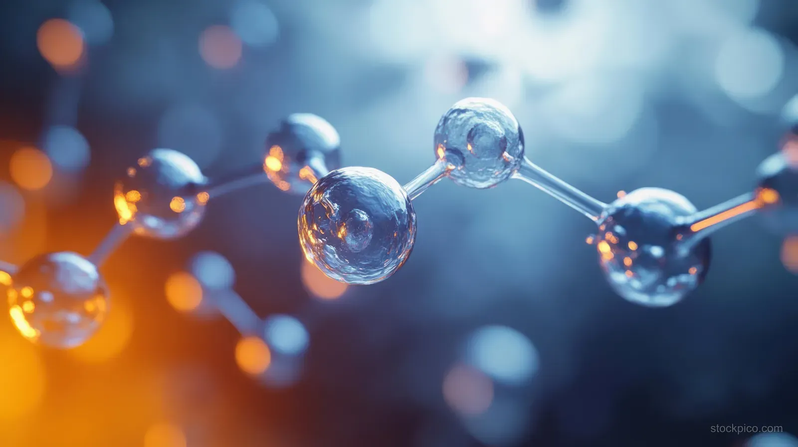 Glowing connected molecular spheres hover in a warm backlit blue laboratory with soft bokeh.