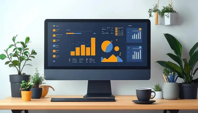 Computer monitor shows financial dashboard charts on a desk with plants and a coffee cup.