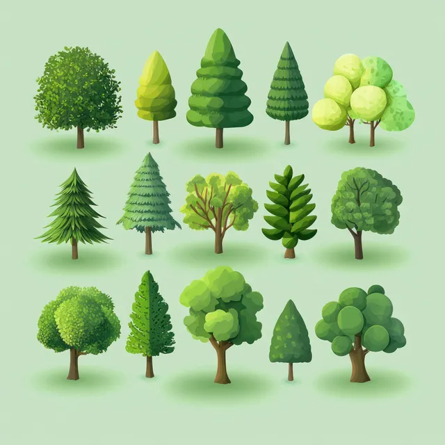 A collection of assorted green trees with different canopy shapes arranged on a light mint background.
