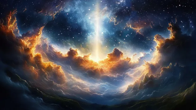 Radiant beam of light pierces swirling nebula clouds in space over a dark cosmic horizon.