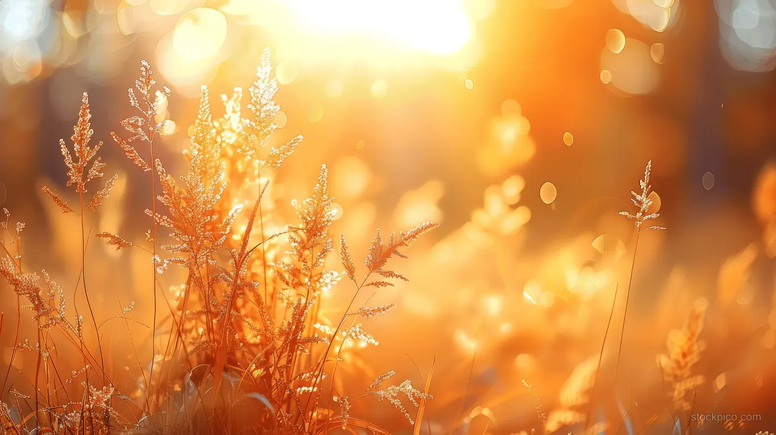 Sunlit autumn meadow grasses shimmer with warm golden bokeh lights in the background.