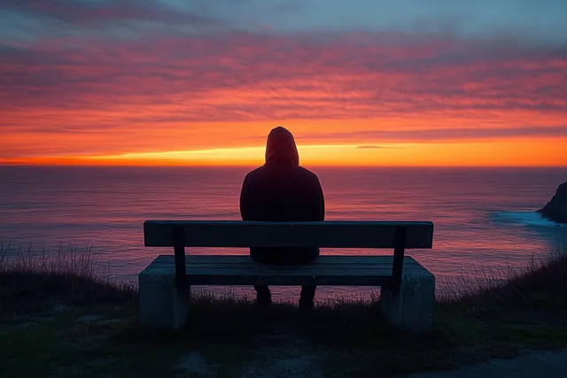 A hooded figure sits alone on a bench facing the ocean at sunset under colorful clouds.