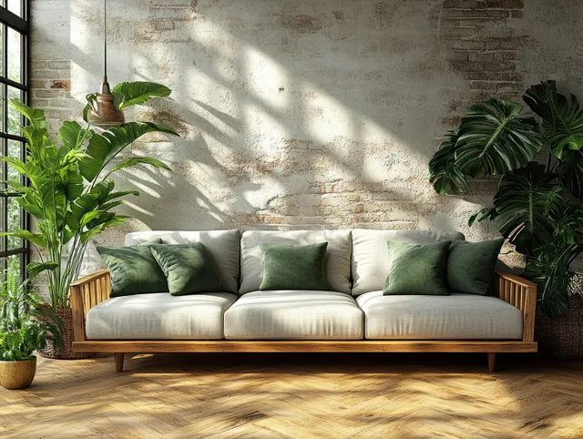 Grey sofa with green cushions, fir branches, and gift boxes arranged in a minimalist living room with warm sunlit shadows.