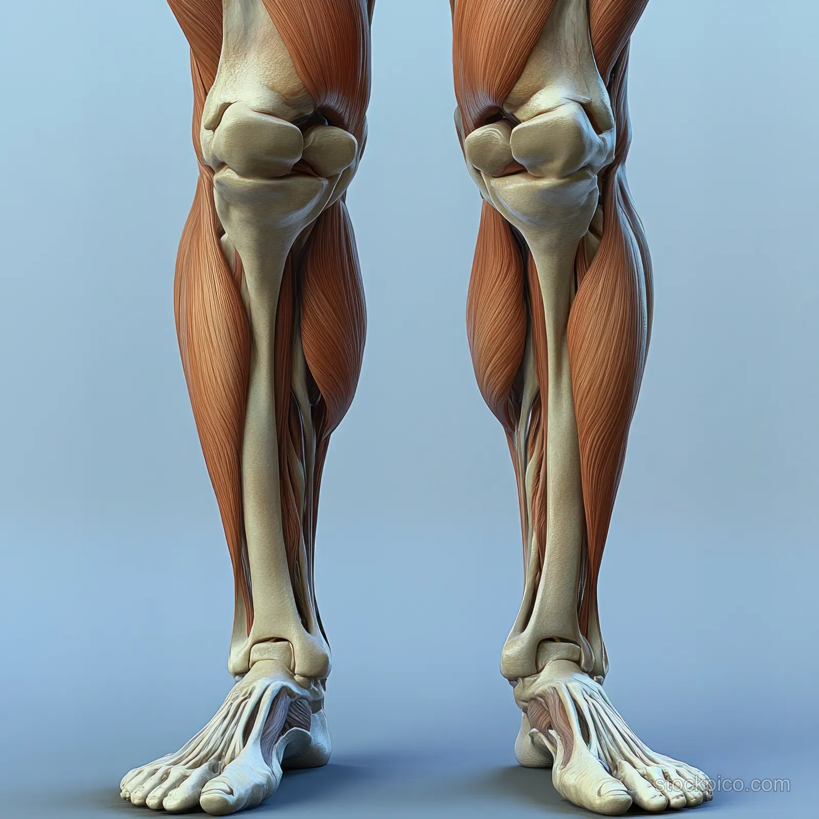 Illustrated legs show quadriceps muscles and detailed knee joints with exposed bone structure in a clinical setup.