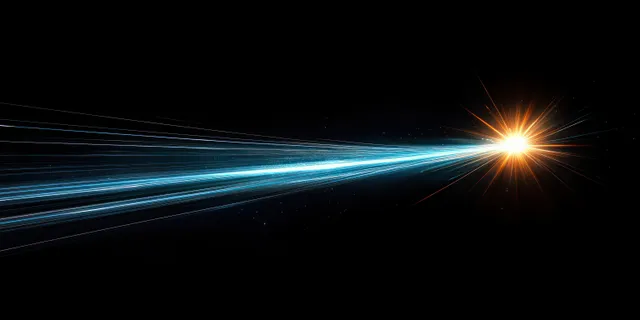 Orange energy flare emits blue streaks and particles across a dark space background.