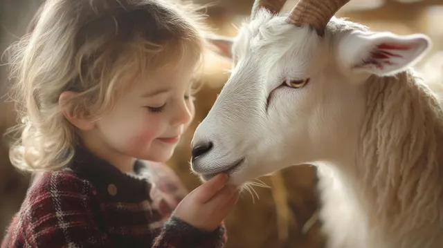 Young child gently feeding a white horned goat indoors under warm soft light