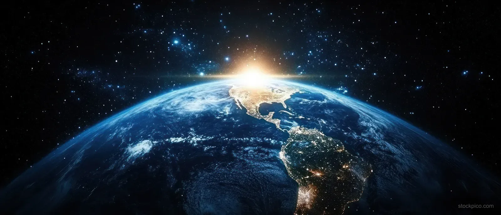 Earth at sunrise displays the Americas with glowing city lights and a starry space background.