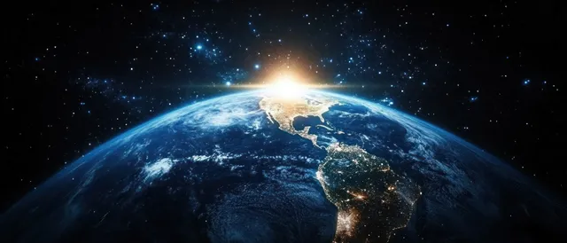 Earth at sunrise displays the Americas with glowing city lights and a starry space background.