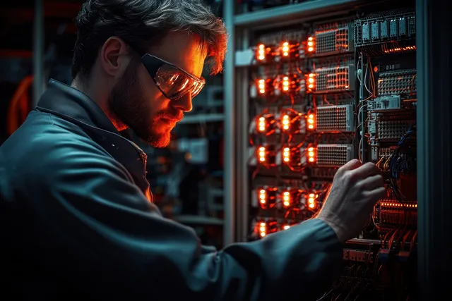 An electrical technician testing relay wiring with a multimeter beside a lit industrial control panel.
