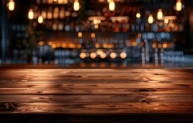 Empty wooden tabletop in front of a blurred pub bar with warm glowing bokeh lights in the background.