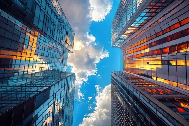 Four glass skyscrapers rise on both sides of a street canyon, reflecting golden sunset light under a blue clouded sky.