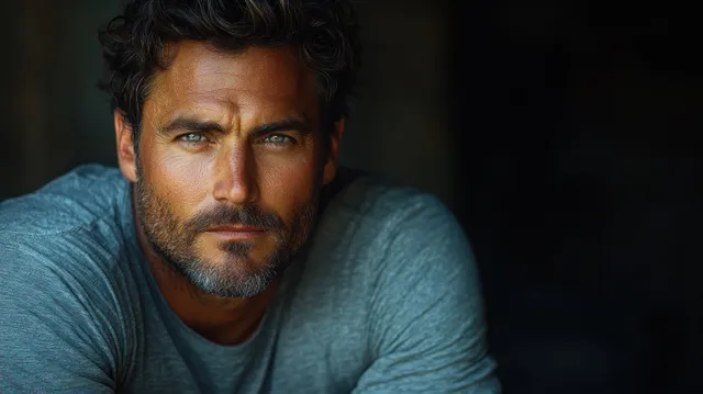 Dramatic portrait of a man in a gray long-sleeve shirt with high-contrast lighting