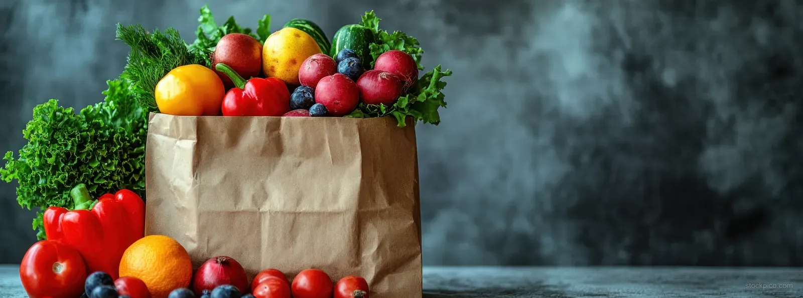 A paper bag filled with colorful fruits and vegetables sits on a table with soft misty background.