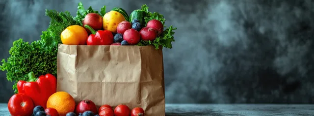 A paper bag filled with colorful fruits and vegetables sits on a table with soft misty background.