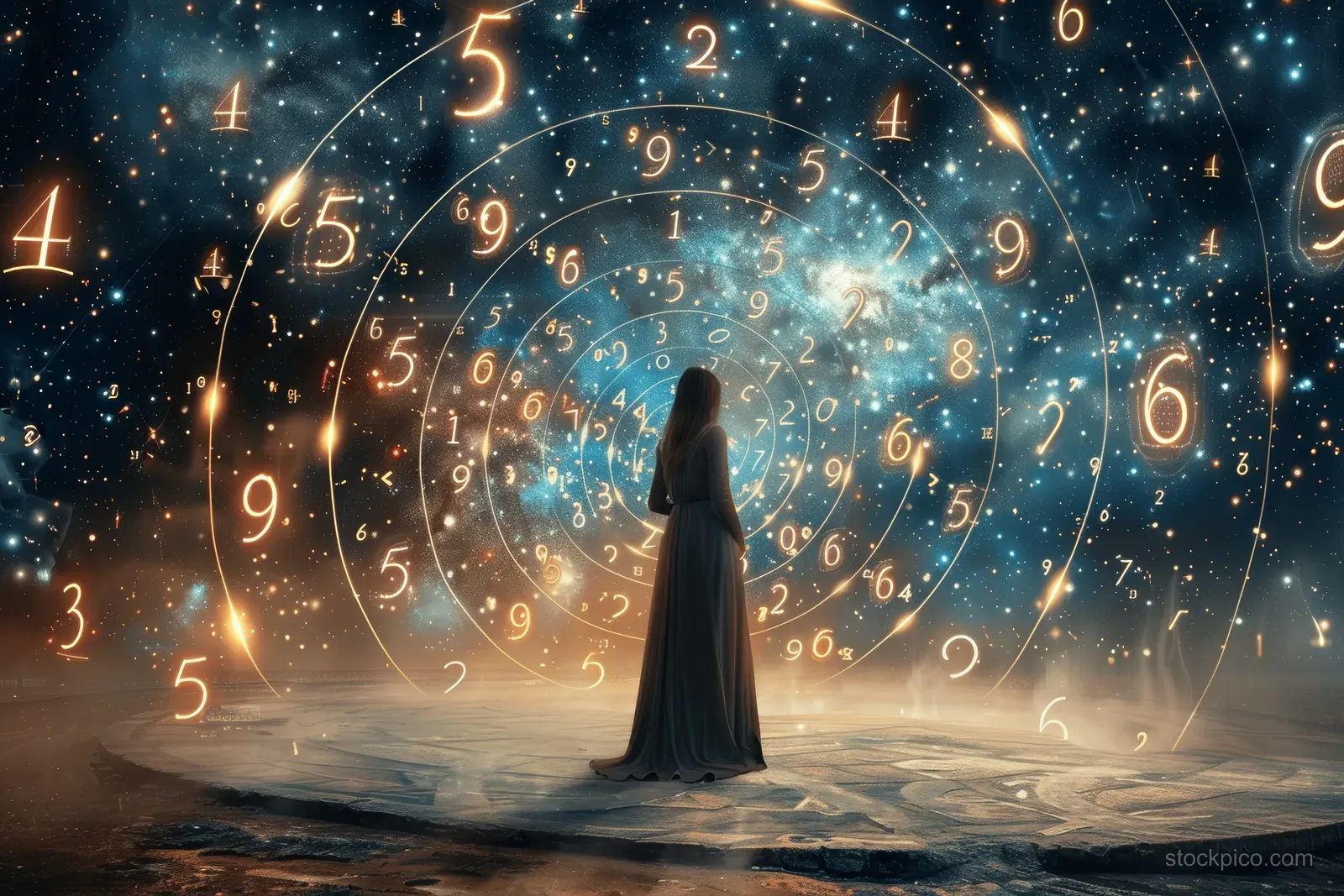 A woman stands in a cosmic arena while glowing numerology spirals and zodiac symbols swirl around her.