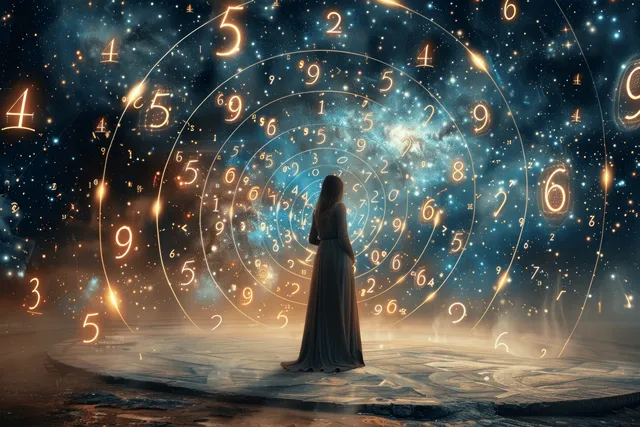 A woman stands in a cosmic arena while glowing numerology spirals and zodiac symbols swirl around her.