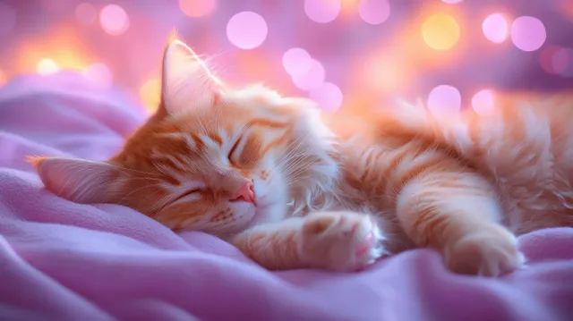 Fluffy orange-and-white cat sleeping on a pink blanket with warm dreamy bokeh lights