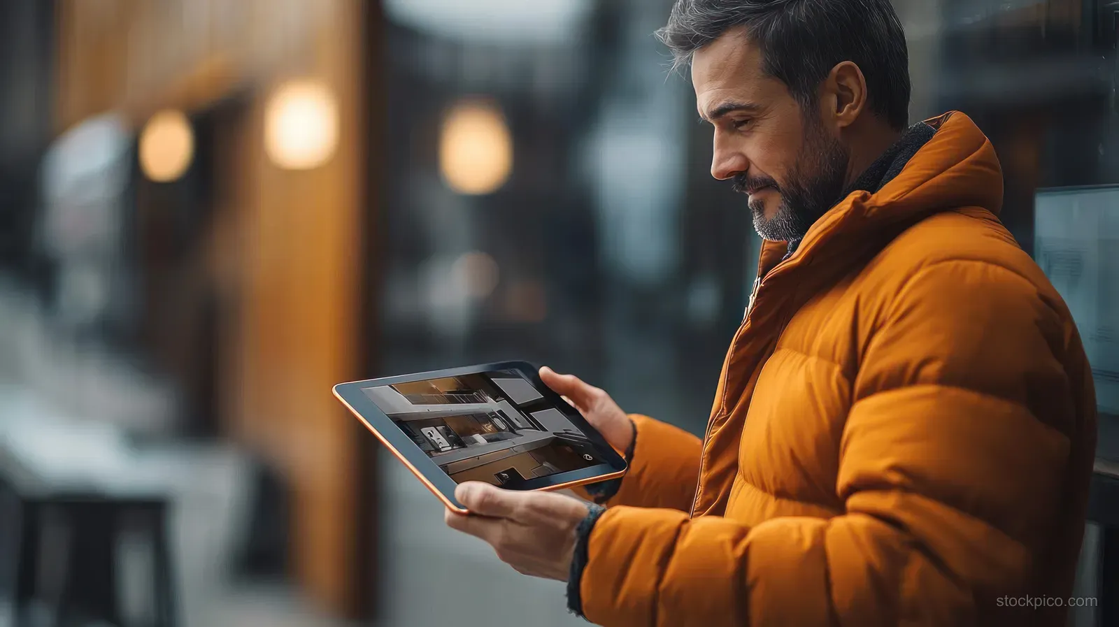 A man in an orange jacket holds a tablet showing home interior photos near a glass window.