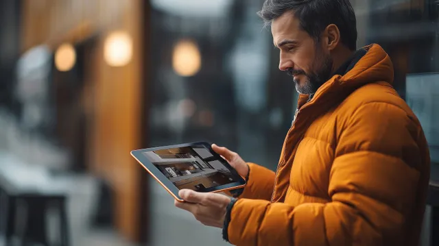 A man in an orange jacket holds a tablet showing home interior photos near a glass window.