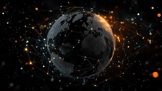 A glowing digital Earth in dark space is surrounded by interconnected network lines and floating orange data nodes.