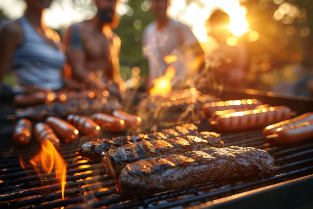 Grill flames cook burgers and steaks at sunset while friends chat in a backyard party