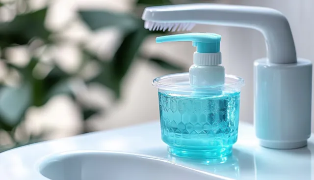 Blue soap dispenser with attached brush next to a white faucet on a clean white sink with blurred green plants behind.