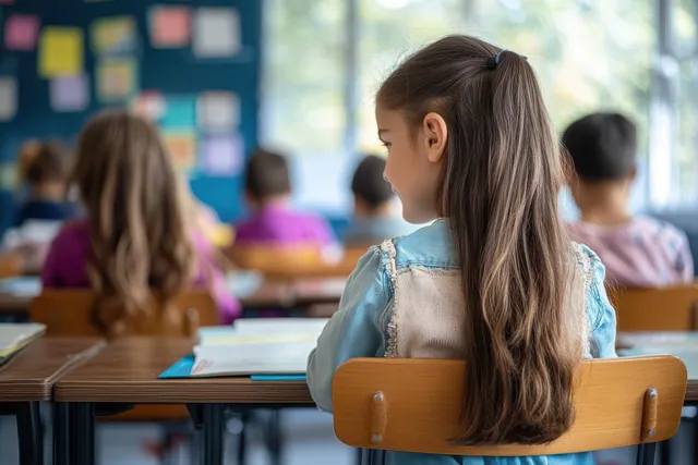 School children writing in copybooks at desks, classroom sunlight and posters behind