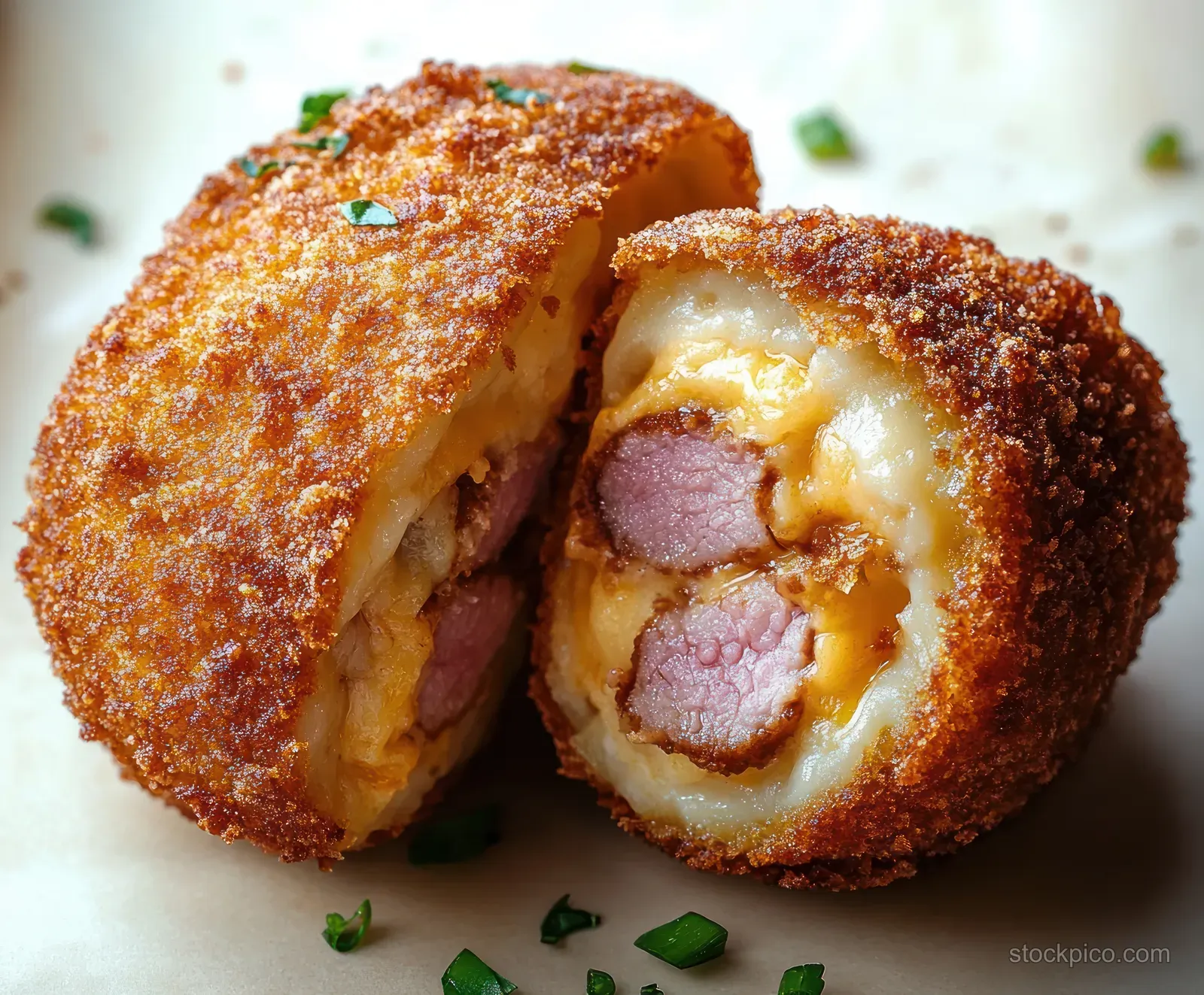 Two halves of a crispy golden fried roll with melted cheese and meat filling topped with small green herbs.