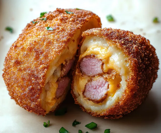 Two halves of a crispy golden fried roll with melted cheese and meat filling topped with small green herbs.