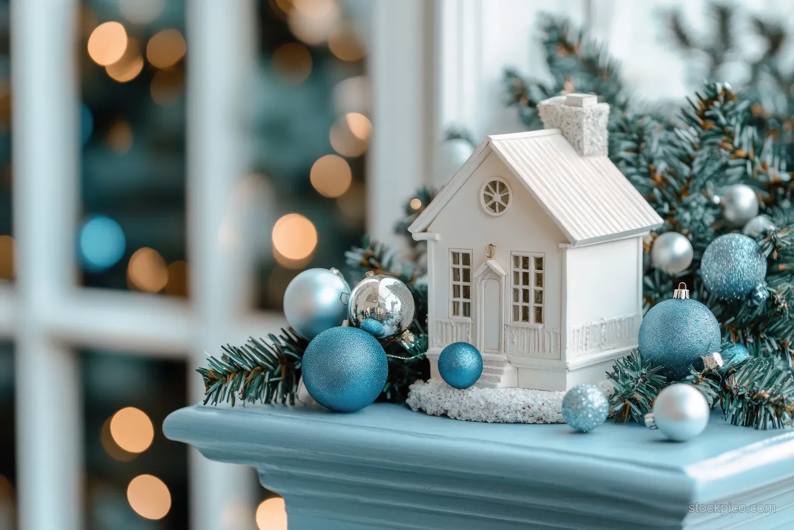 Miniature white house decorated with pine sprigs and blue silver ornaments on a tabletop by a window.