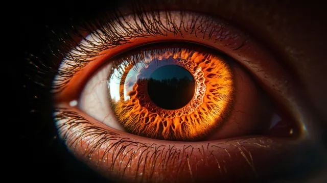 Macro close-up of a human eye with an orange iris reflecting dark trees and sky silhouettes.