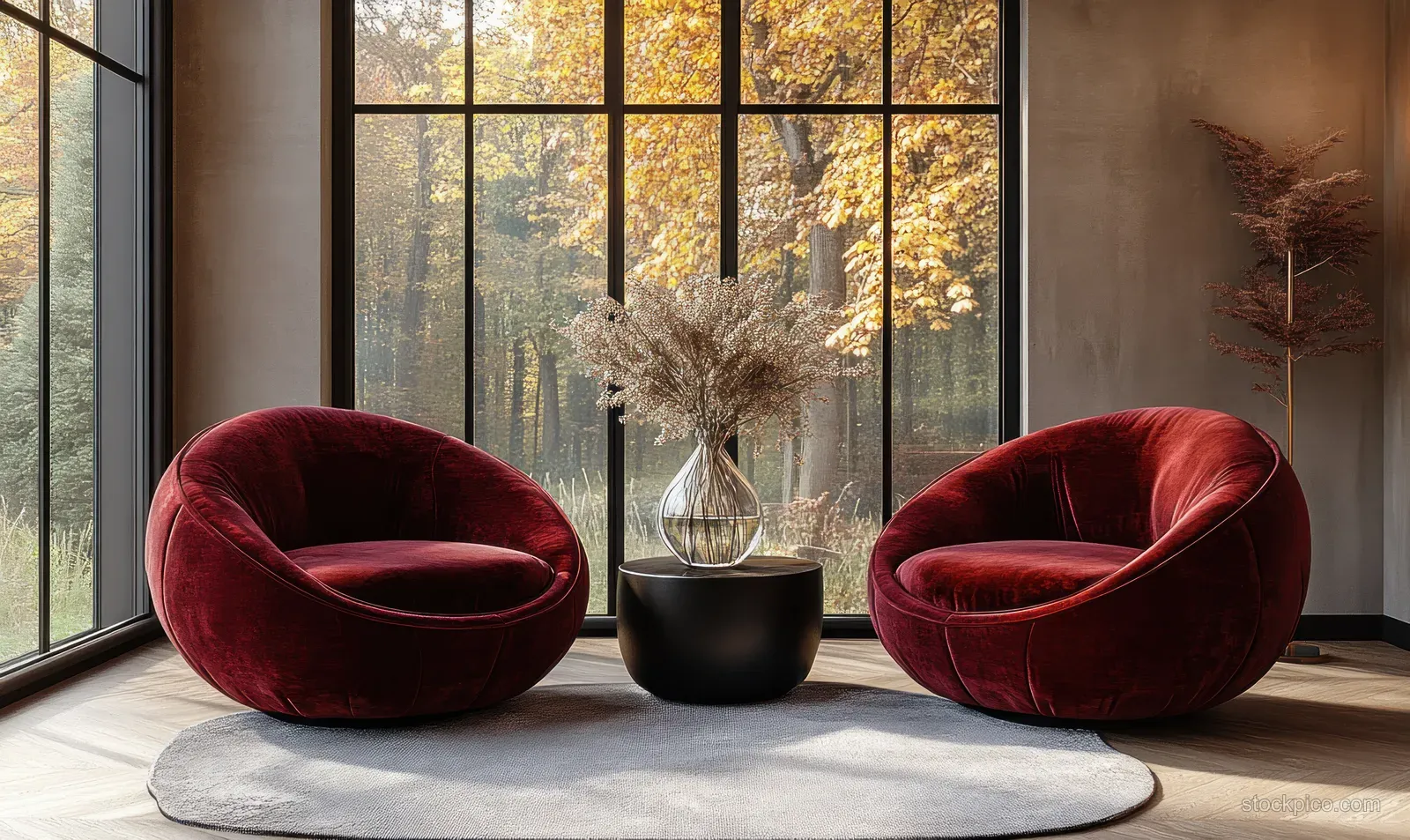 Two burgundy velvet armchairs sit on a round rug facing a black side table with a vase of dried flowers by large windows.