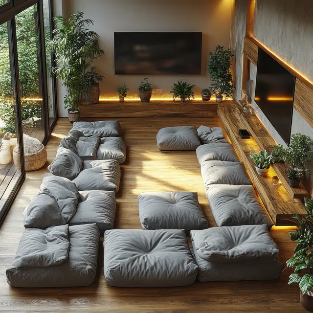 Overhead view of a family living room with gray seating, warm lights, plants, and a children’s play area on the floor.