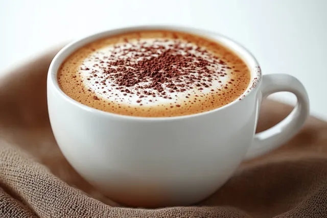 A white cup of cappuccino with cocoa-dusted foam sits on textured brown cloth.